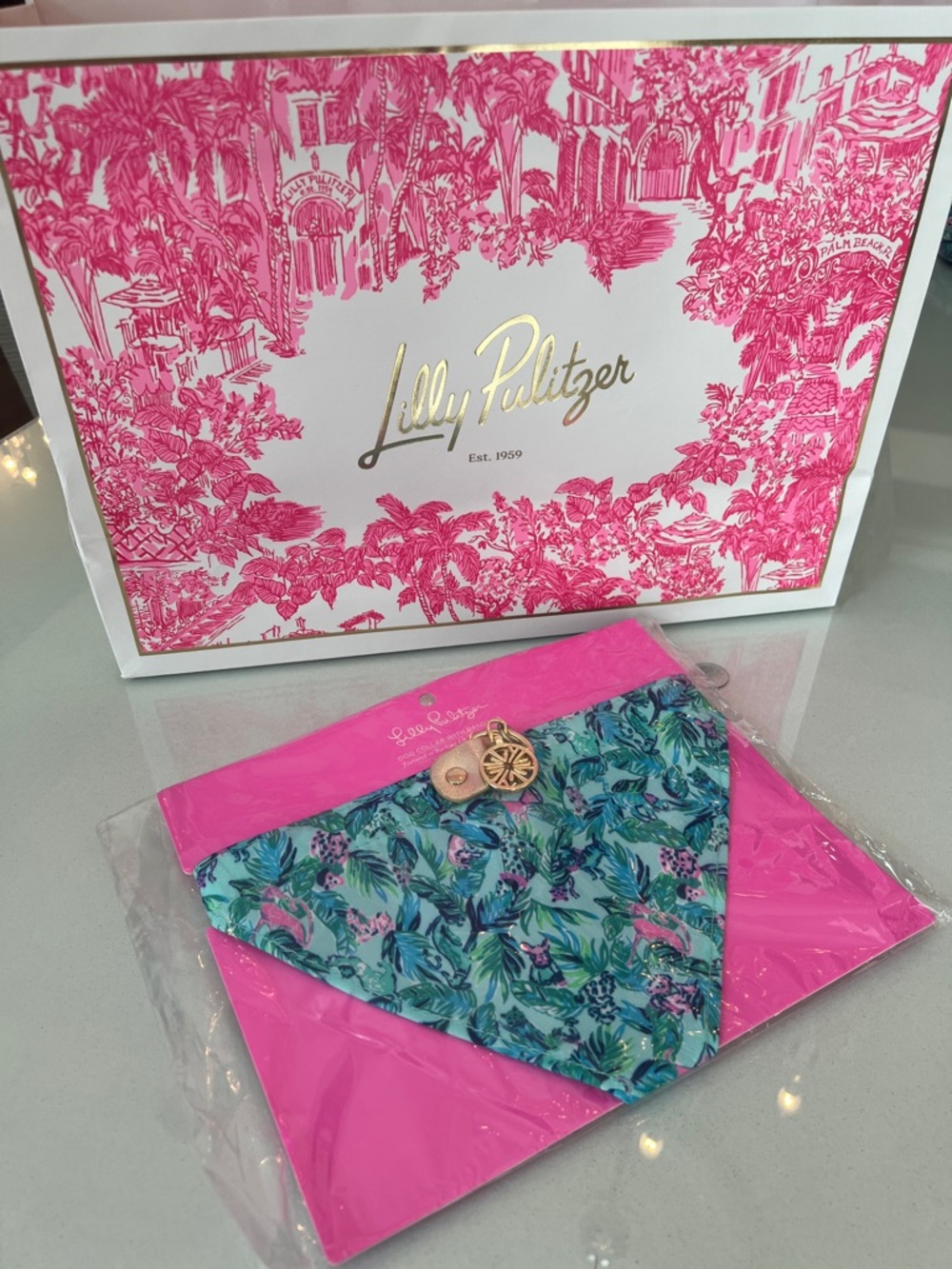 Lilly Pulitzer dog collar with bandana pet collar barking up the palm tree